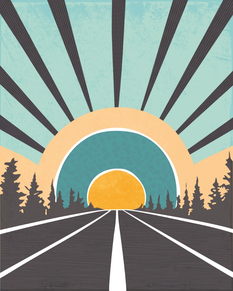 Abstract landscape featuring a road leading into the setting sun in retro style and colors 2