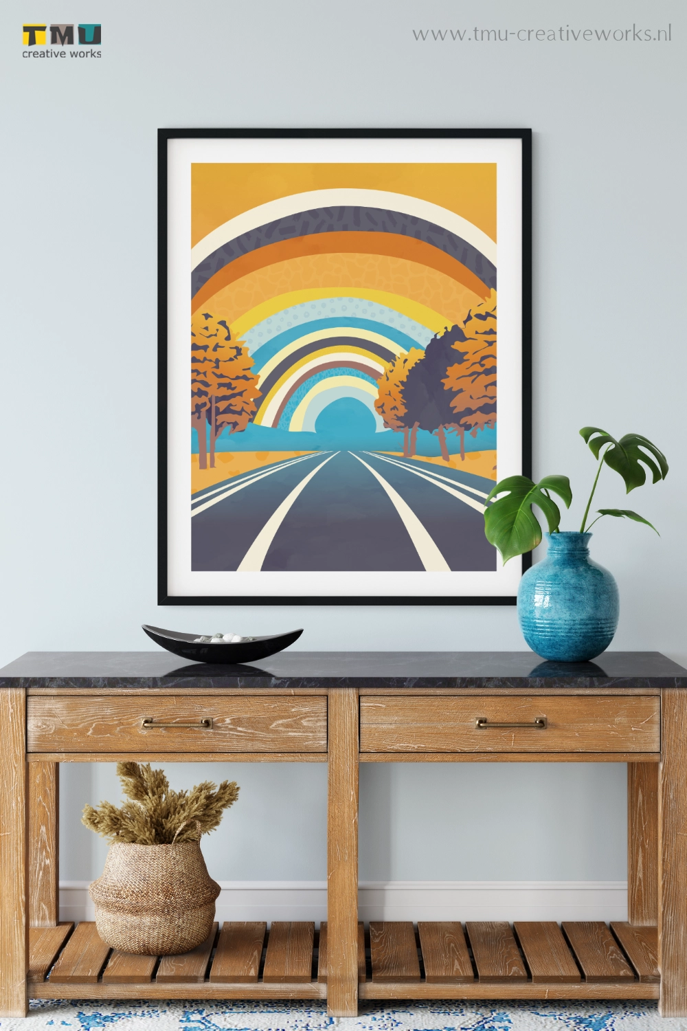Into the sunset abstract landscape with retro-style sunburst design 5 mockup 2