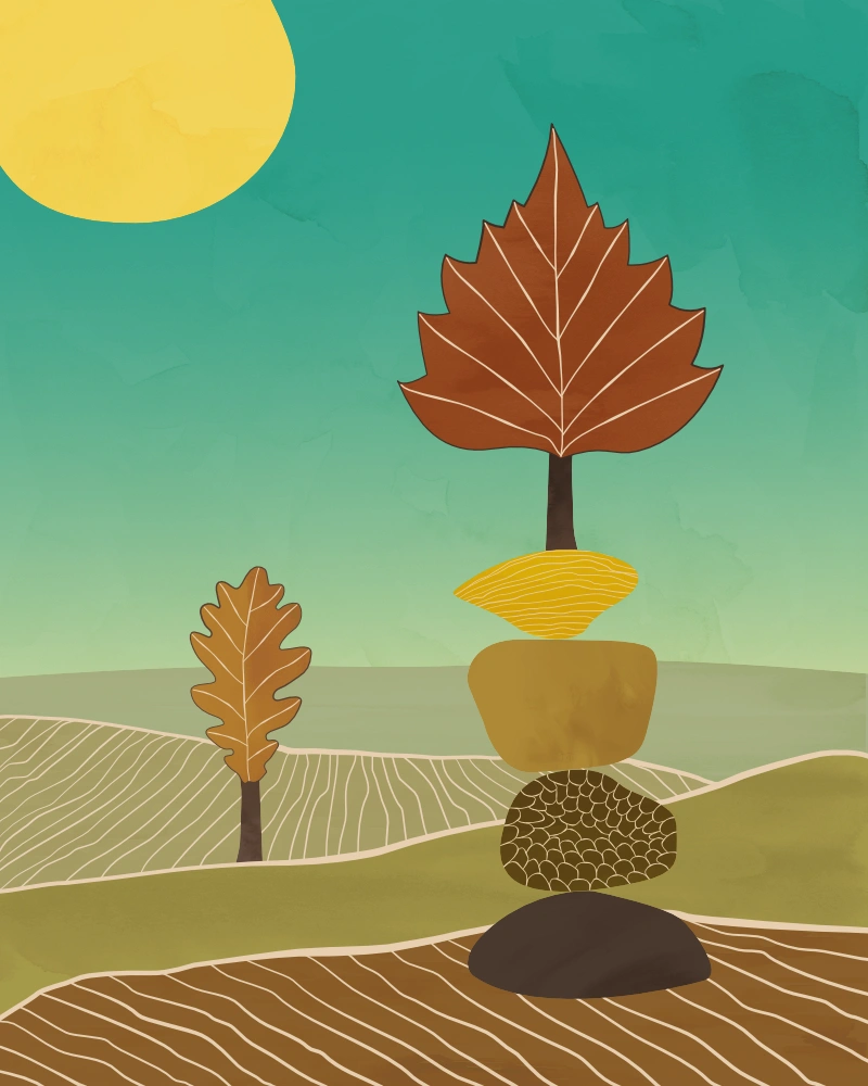 Abstract autumn landscape with fields and two stylized trees