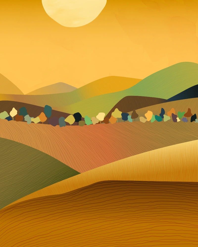 Abstract landscape with fields and trees in autumn