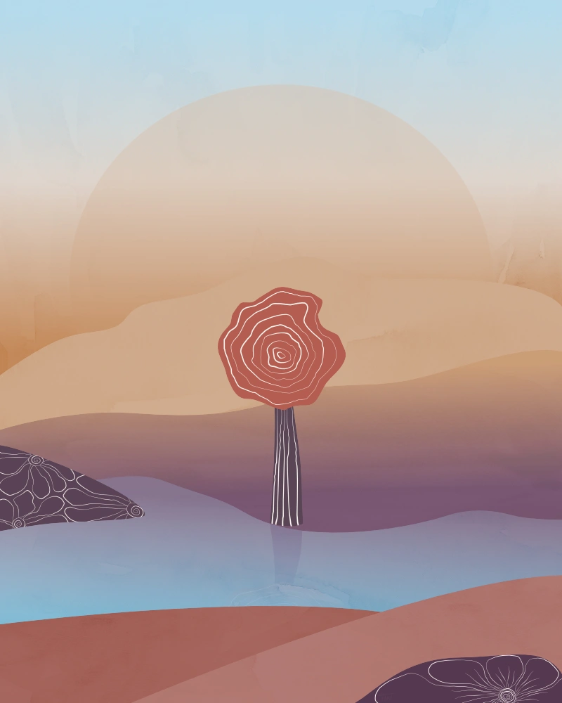Abstract landscape with flowers and a tree in a valley with a river