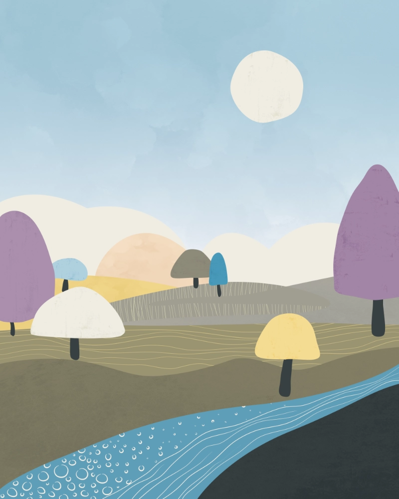 Minimalist landscape with trees fields and a creek 1