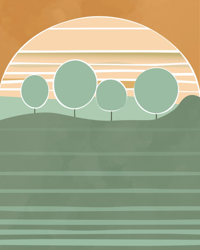 Abstract landscape featuring four trees with the sun in retro style in the background 1