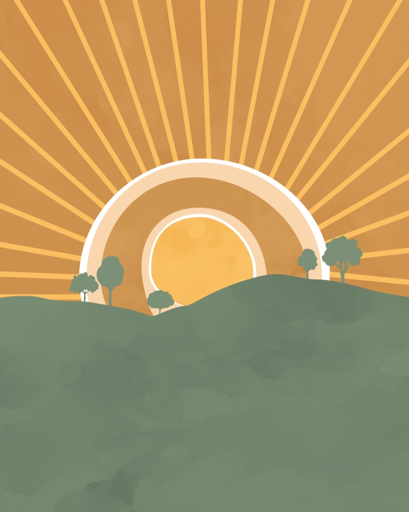 Abstract landscape featuring trees with the sun in retro style in the background 2