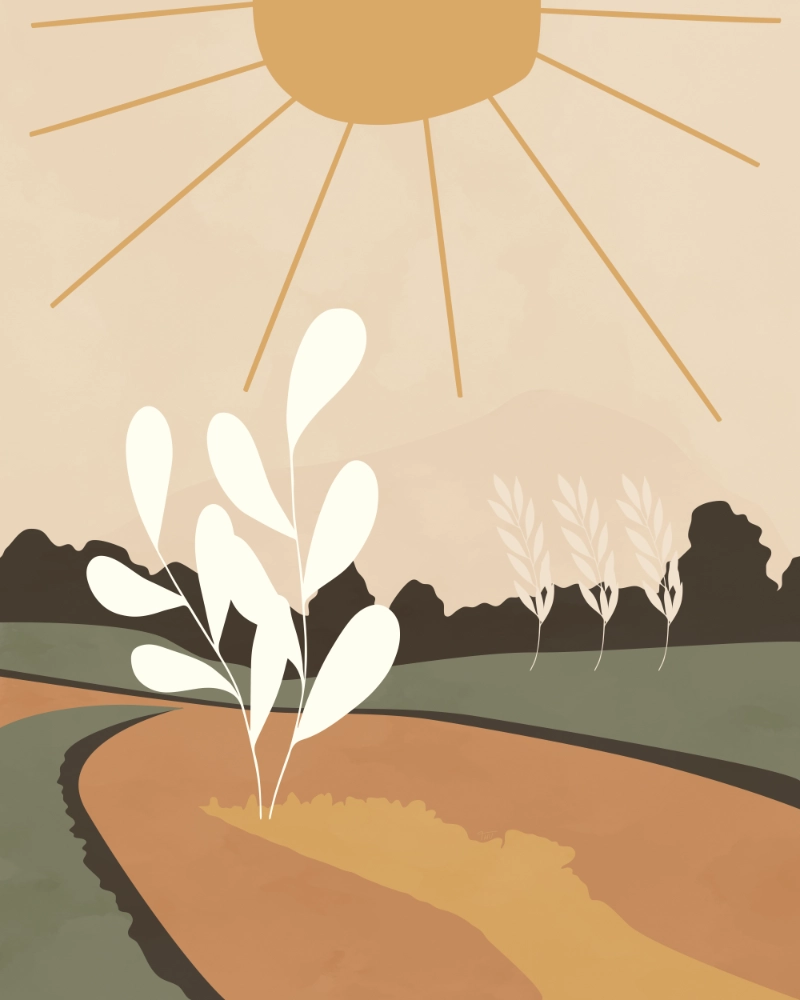 Minimalist-abstract autumn landscape with stylized trees and meadows 1
