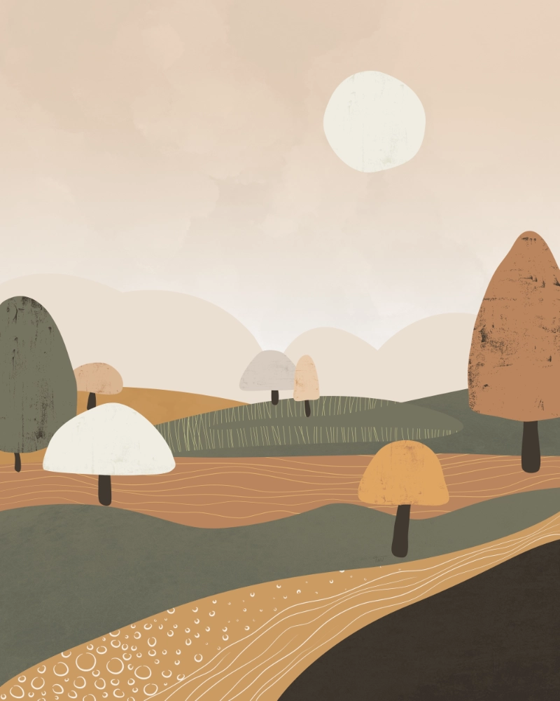 Minimalist landscape featuring trees fields and honey-colored river