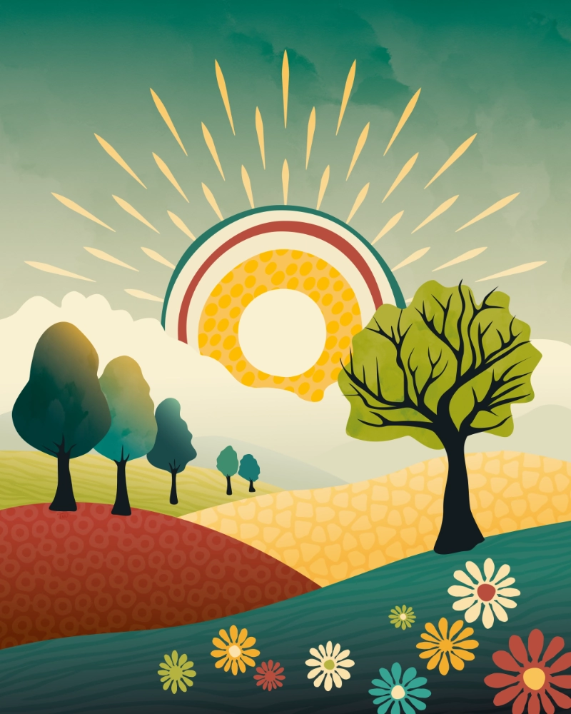 Abstract summer landscape featuring flowers and trees in the sun with retro vibes 1