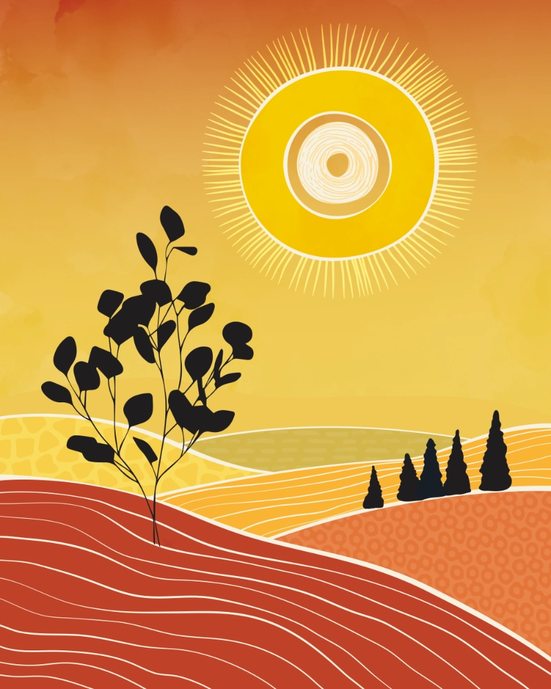Minimalist sumnmer landscape with trees, fields and the sun in retro-style 1
