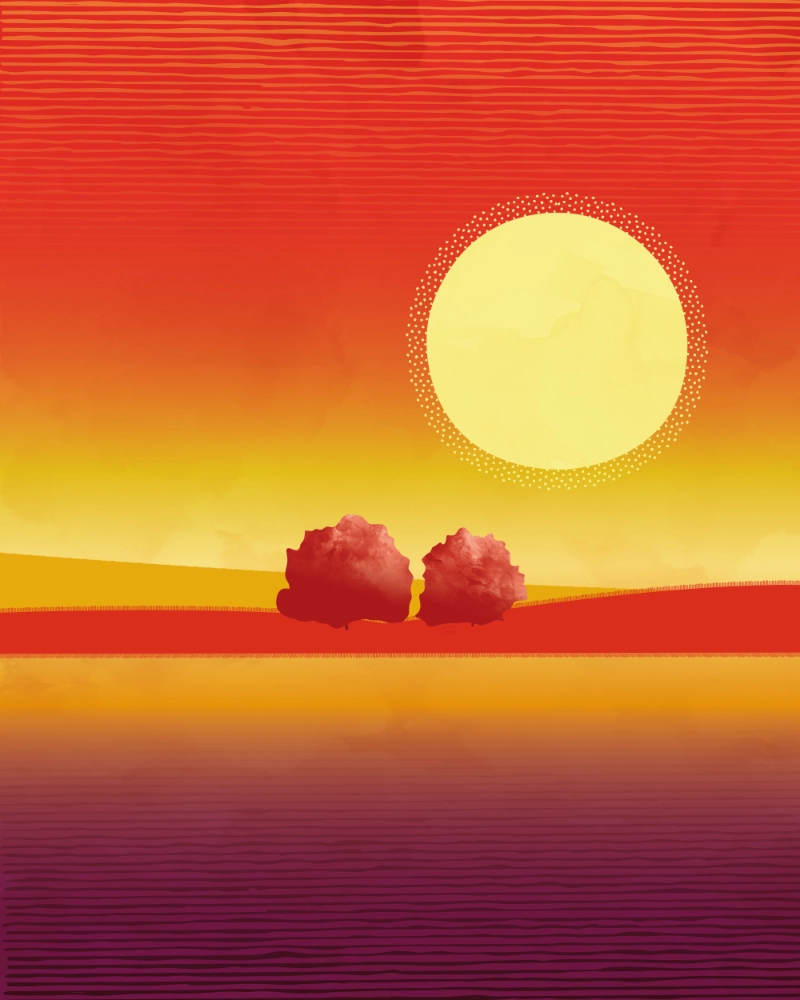 Abstract colorful landscape featuring two trees and the sun 1