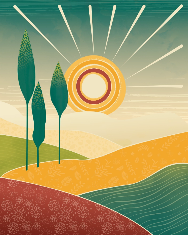 Fields and three trees in the sun abstract landscape 1
