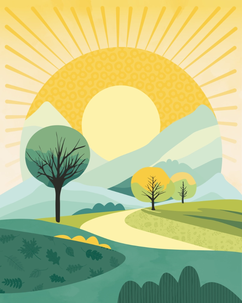 Minimalist landscape illustration featruing meadows trees distant mountains the the rising sun 1