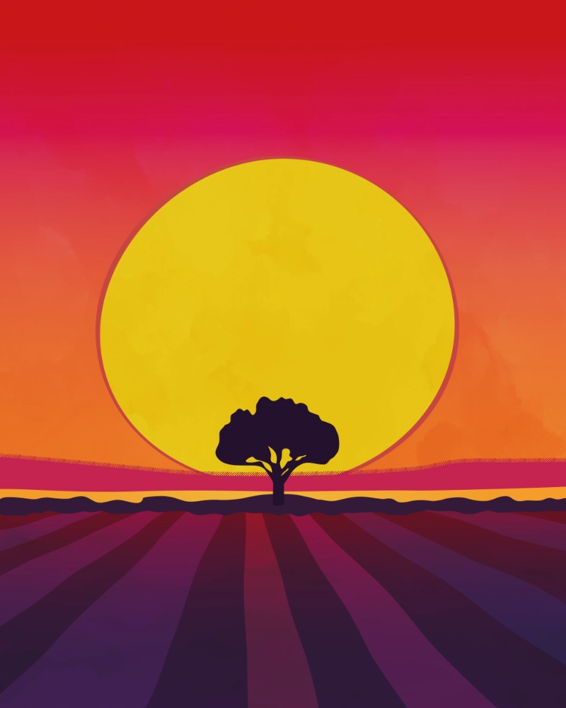 Minimalist summer landscape featuring fields and a tree in bold colors 1