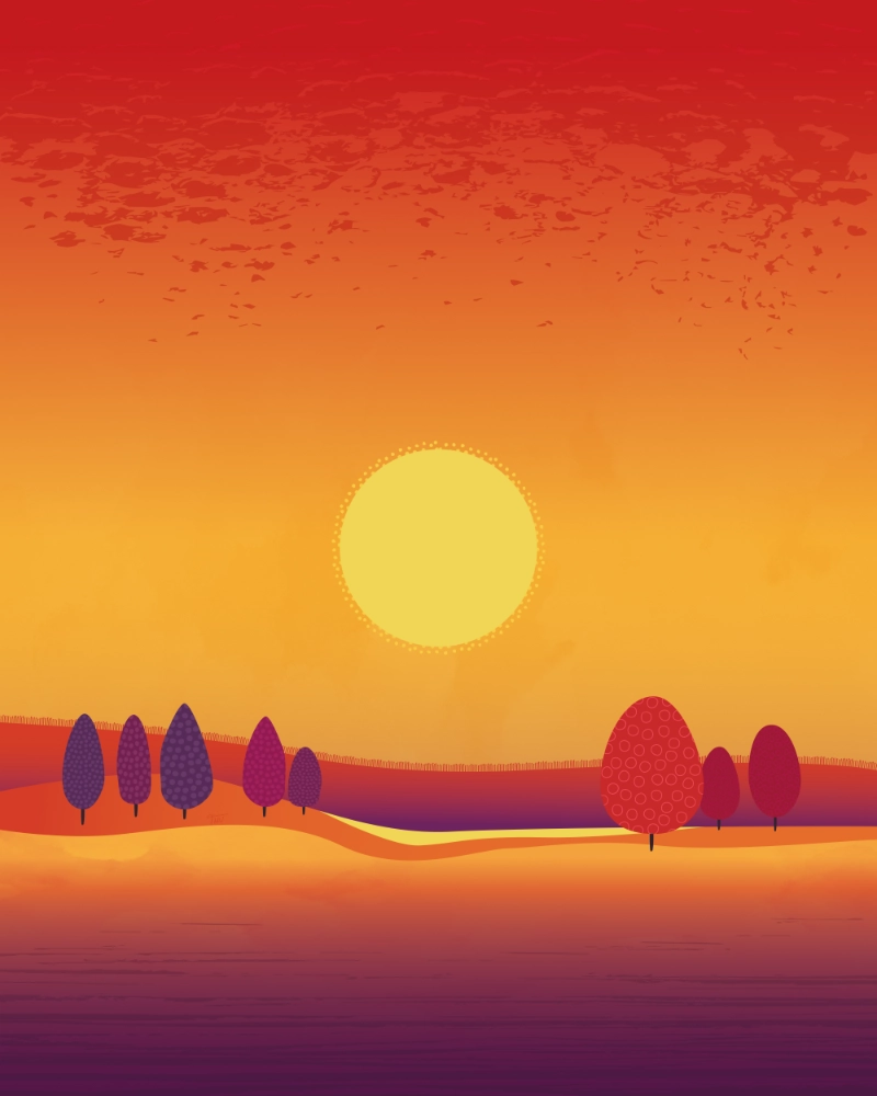 Minimalist summer landscape with trees fields and distant forests in the sun 1. webp