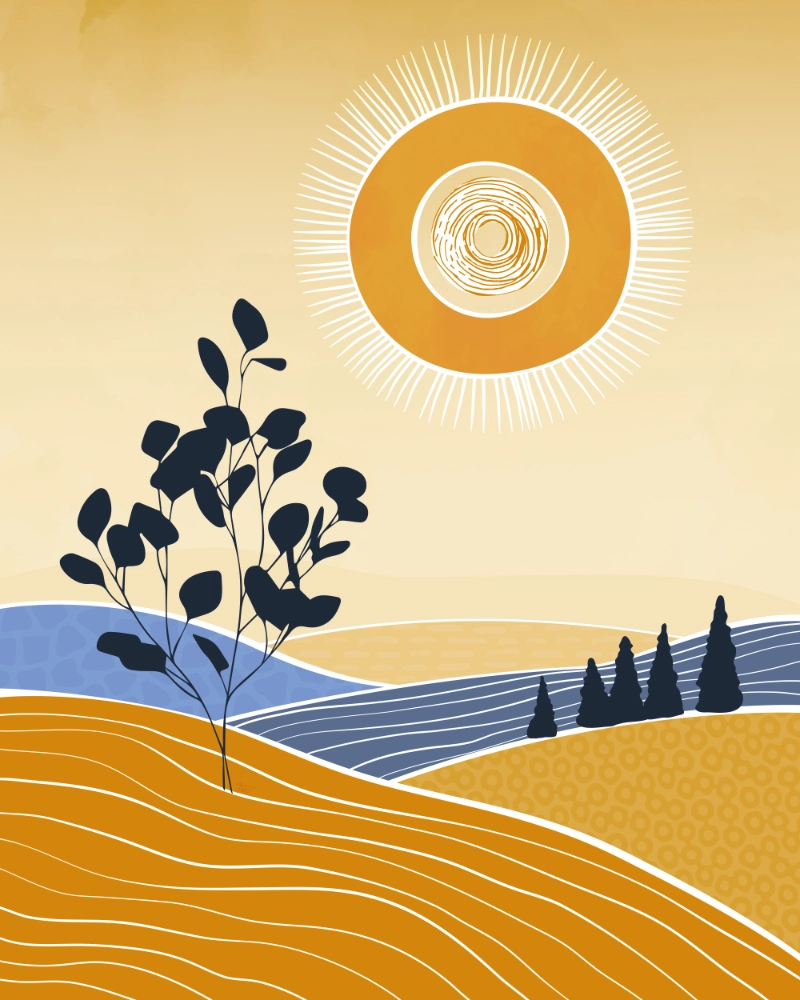 Minimalist sumnmer landscape with trees, fields and the sun in retro-style 2