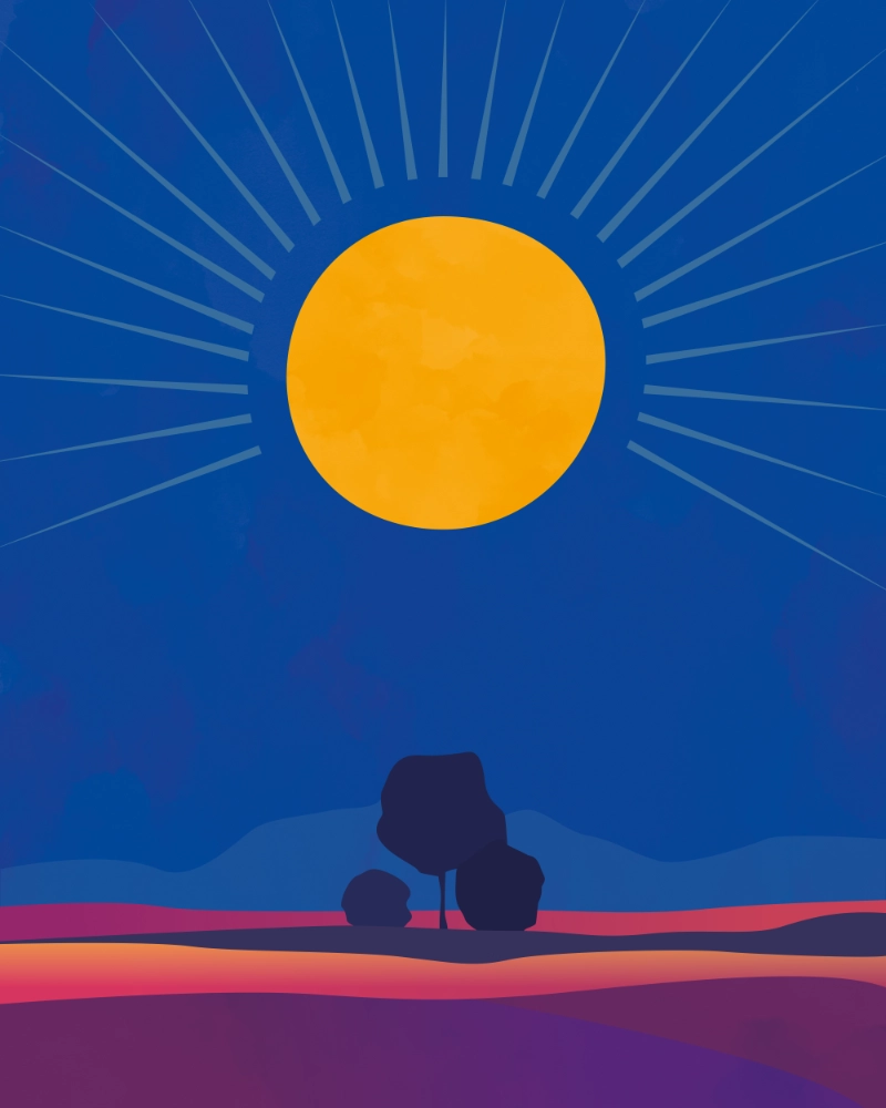 Beautiful sun in the deep blue summer sky minimalist landscape illustration 1