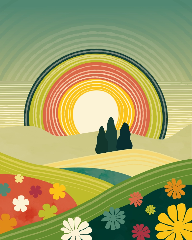 Minimalist-abstract summer landscape with flowers and retro-vibes 1