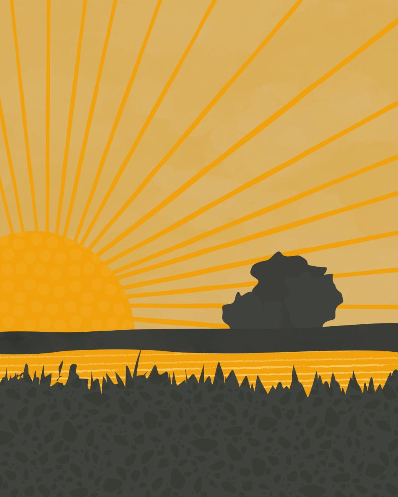 Trees at sunrise retro style landscape in orange and grey 1