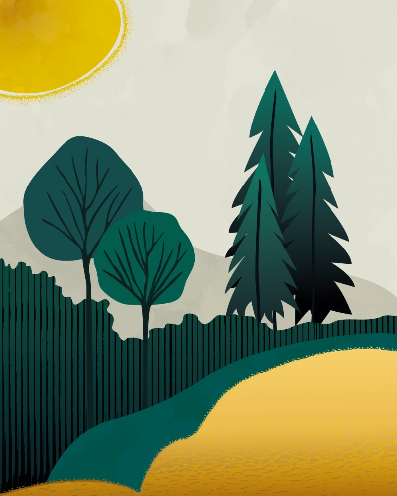 Trees in the sun minimalist landscape in gold and teal 10