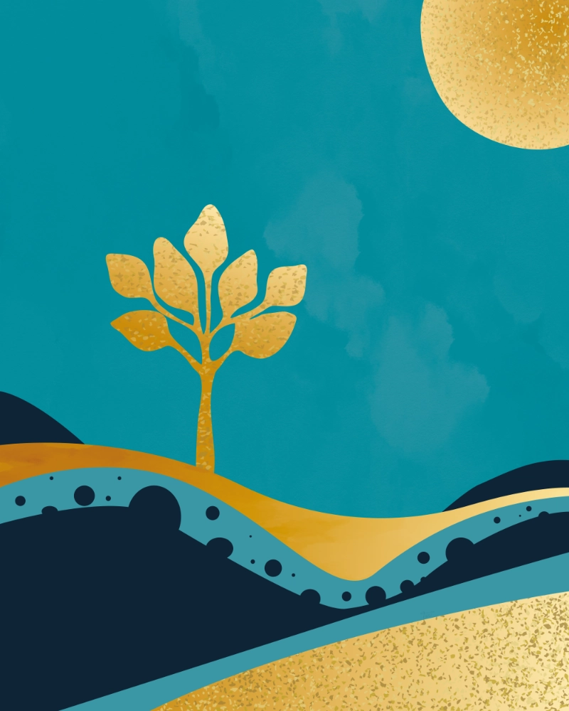 Abstract landscape with a tree in the sun in gold and blue 2