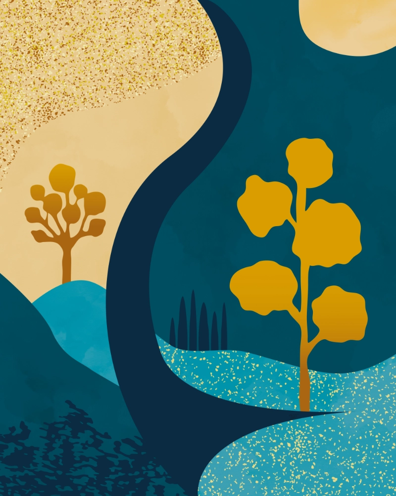 Abstract landscape with two trees in gold and blue 1