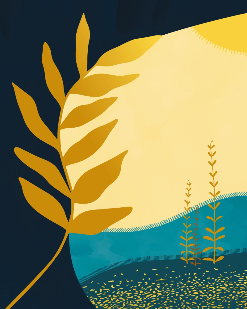 Abstract landscape in gold and shades of blue 1