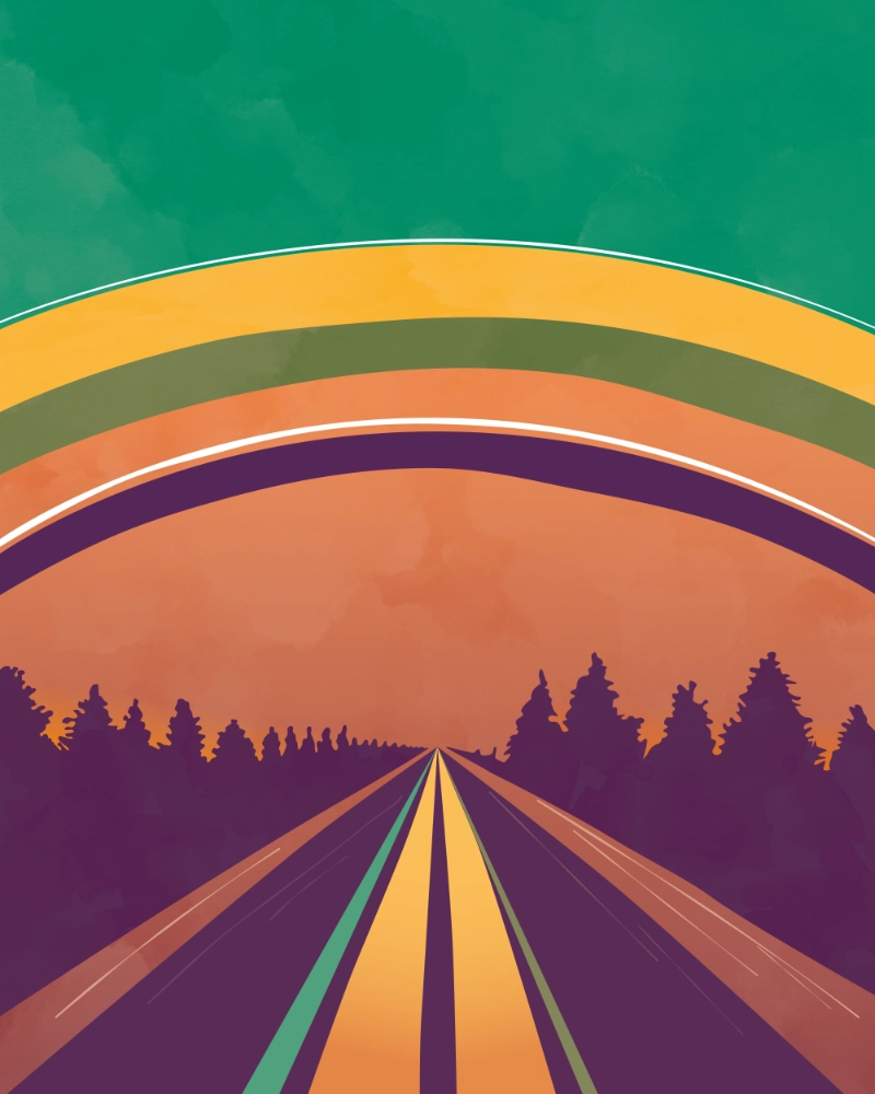 Minimalist landscape with a road between rows of trees in retro colors
