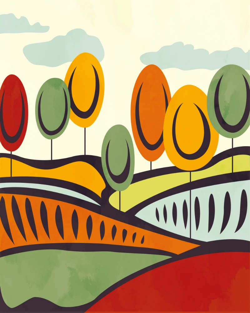 Abstract landscape featuring stylized fields and trees in bold colors